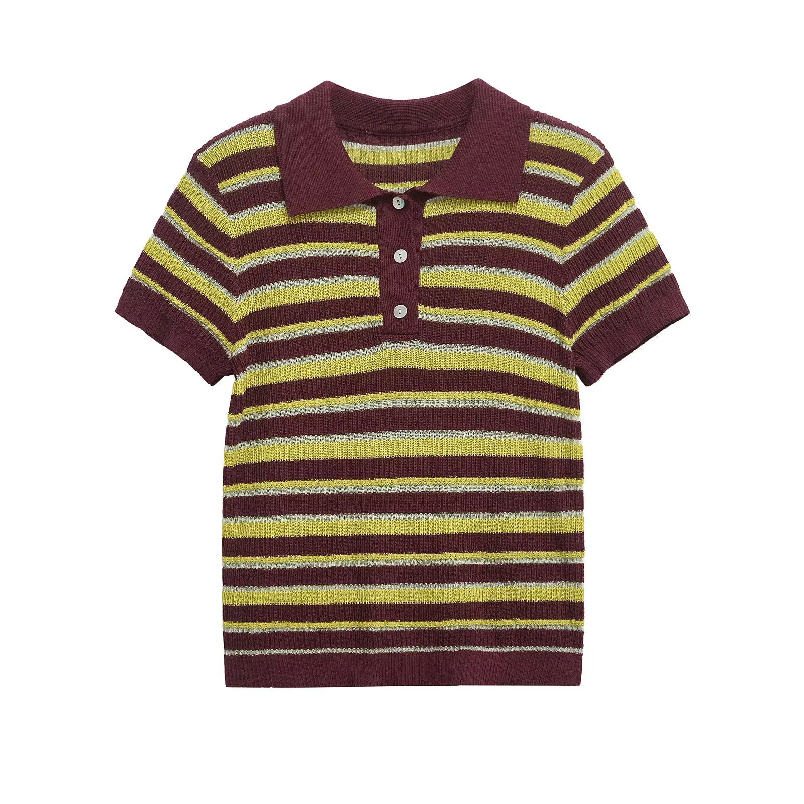 BWQ – POLO tricoté pour femmes, col rond, manches courtes, simple boutonnage, garniture côtelée, hau