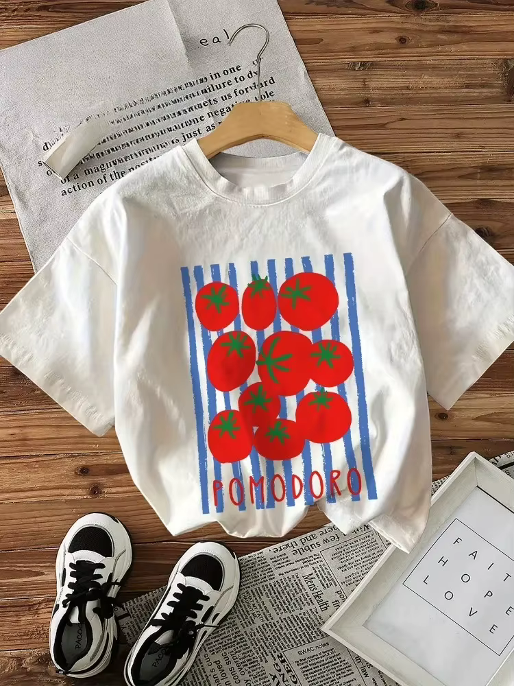 T-shirt décontracté d'été pour femme, col rond, imprimé rayures tomate, style confortable et frais, 