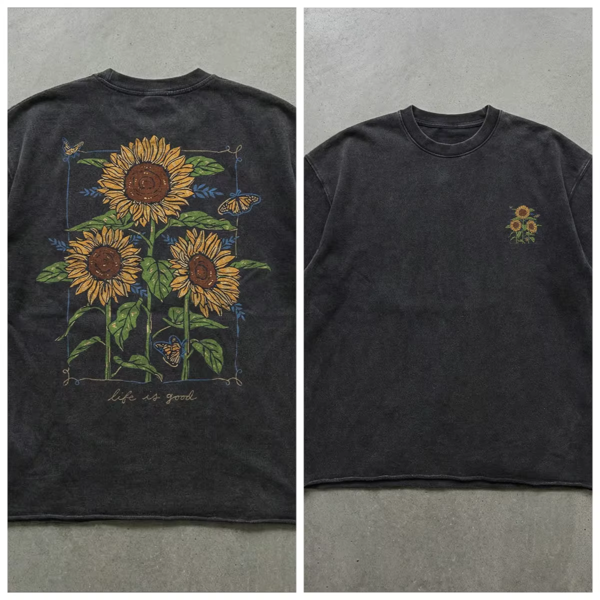 T-shirt délavé motif tournesol | T-shirt vintage à motif floral | Chemise Oversize Esthétique Na