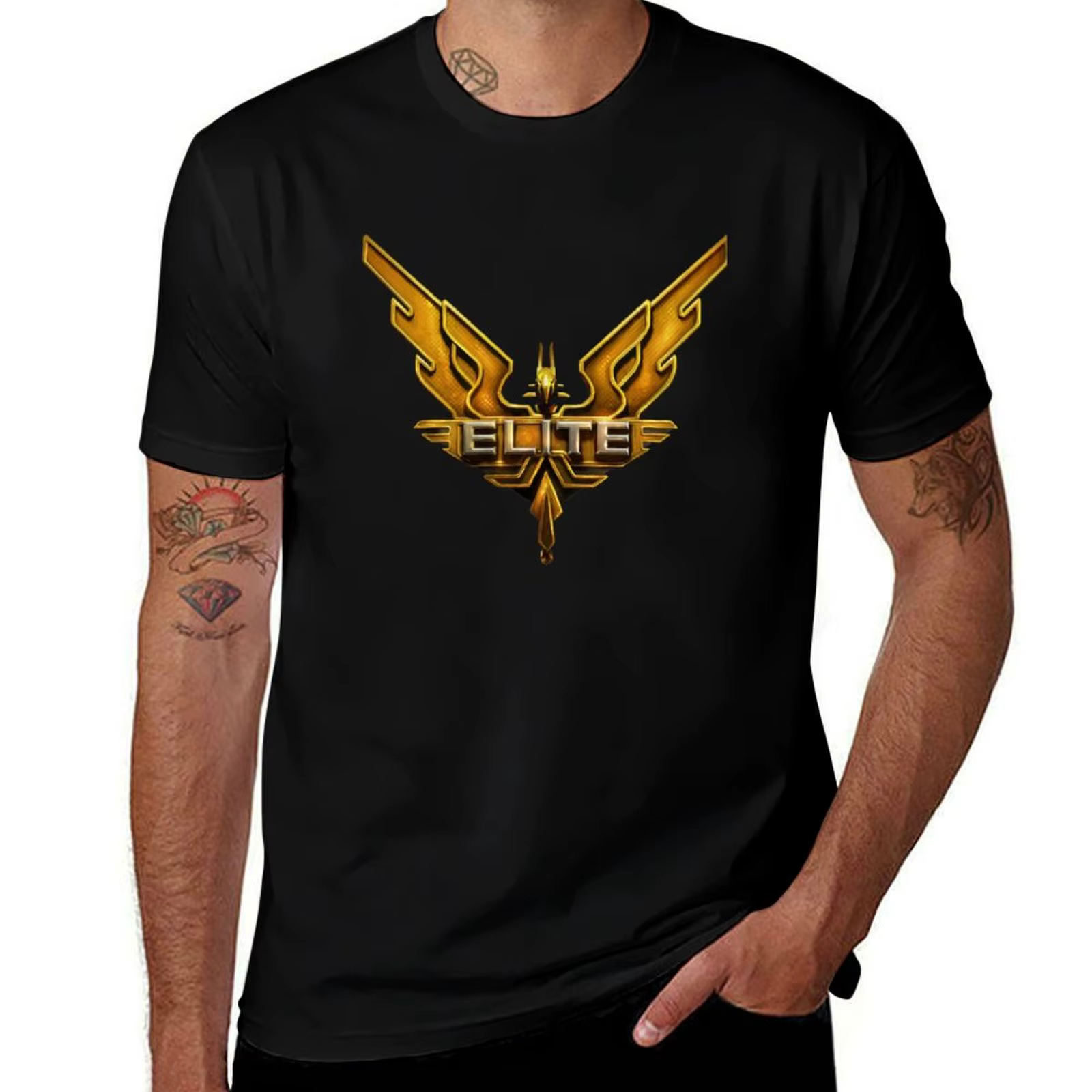 T-shirt avec logo doré Elite Dangerous, t-shirt imprimé à motif tendance