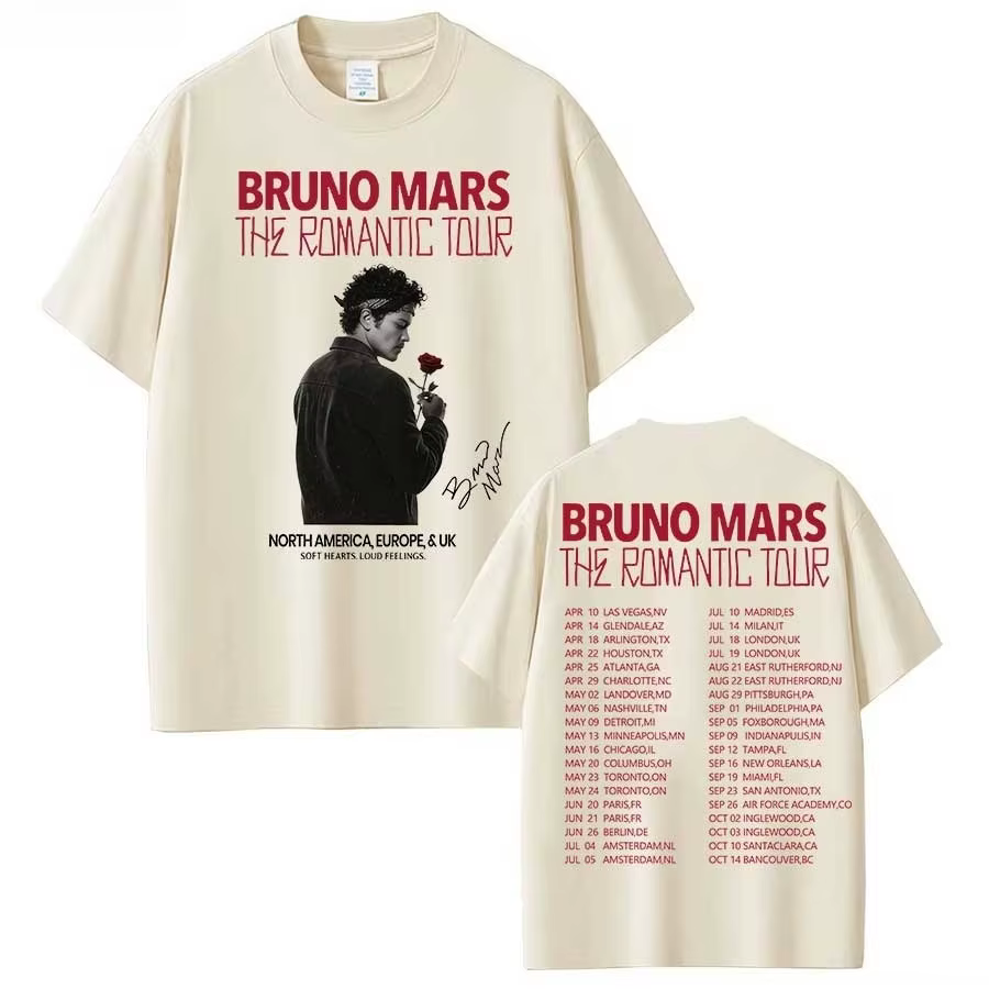 T-shirt Bruno Mars The Romantic Tour pour hommes et femmes, vêtements streetwear hip-hop, hauts en c