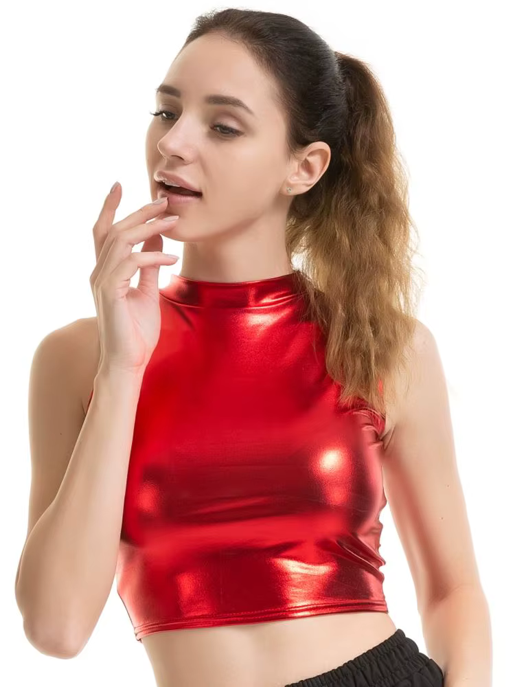 Haut court à col roulé liquide métallique brillant pour femmes, débardeur sans manches, Look mouillé