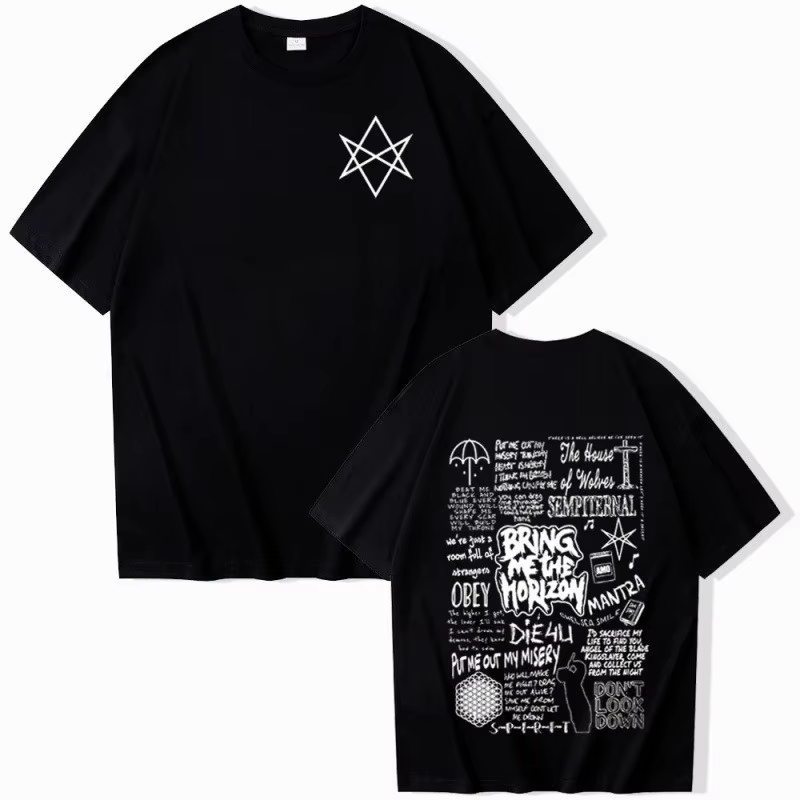 Bring Me The Horizon T-shirt imprimé pour hommes 100% coton Y2K Hip-Hop Street décontracté à manches