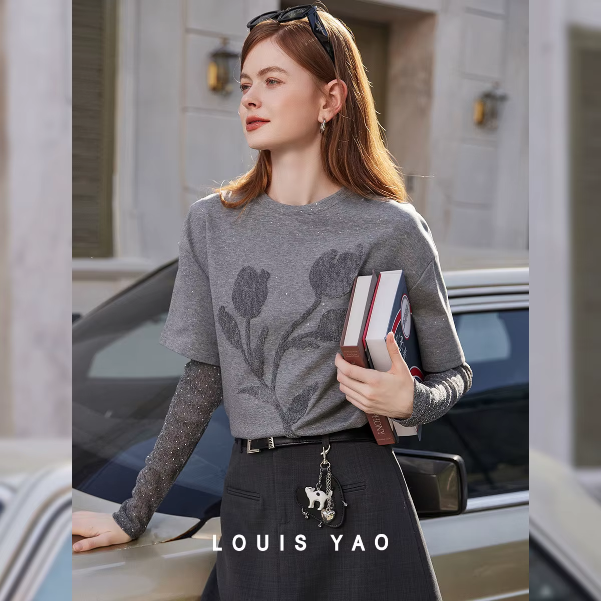 T-shirt femme LOUIS YAO style britannique à effet superposé, printemps 2026, col rond, pull à motif