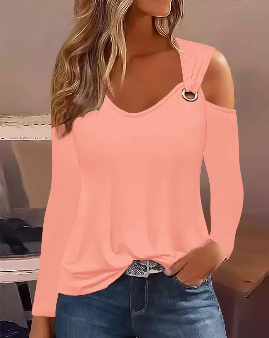 T-shirt rayé à épaules dénudées pour femme, manches longues, col en V, haut décontracté, tenue chic 