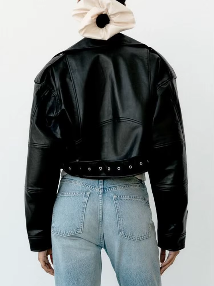 Ailegogo printemps automne femmes Faux cuir Pu veste courte avec ceinture moto motard femme fermetur