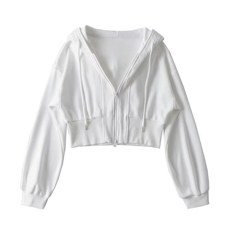 Sweat-shirt court à capuche double fermeture éclair pour femme, couleur unie, coupe ample, haut déco