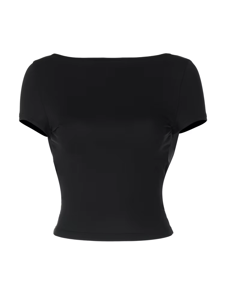 Haut court froncé à manches courtes et col rond pour femme, Streetwear Y2K, T-Shirt décontracté, dos