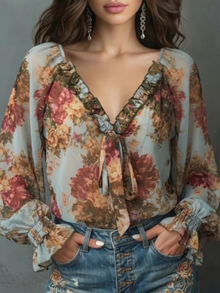 Chemise à imprimé floral vintage pour femmes, col en V avec manches bouffantes, haut en mousseline d
