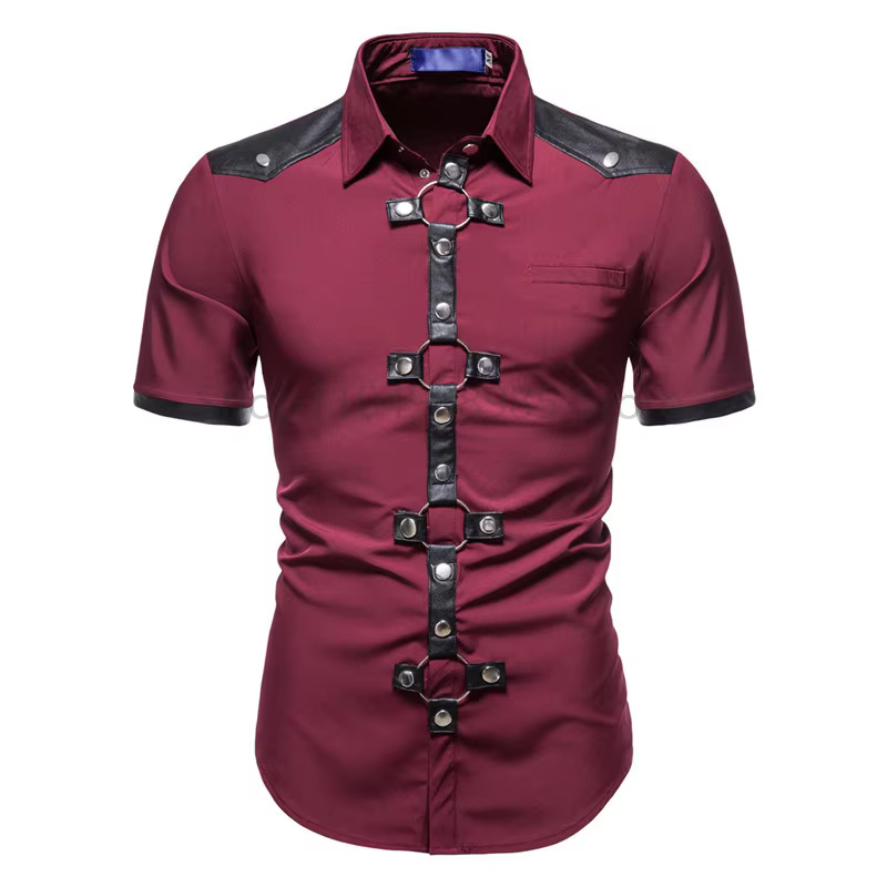 Chemise à manches courtes pour hommes, noir et rouge, Style gothique, Streetwear, Slim, Punk, rivets