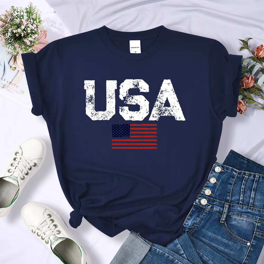 T-shirt à col rond pour femmes, lettres américaines, sensation d'étoiles et de rayures, t-shirts rét