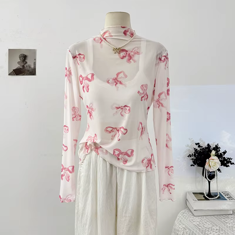Gaze femme t-shirts nœud imprimé à manches longues t-shirts demi-col haut tunique t-shirts évider Se