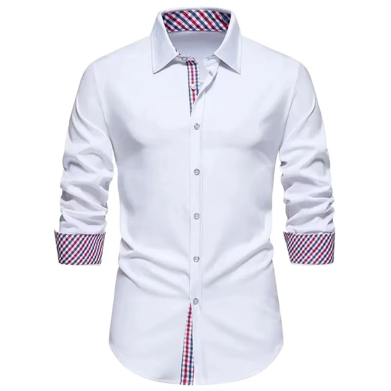T-shirt à carreaux à manches longues pour hommes, chemise à revers boutonné, décontracté, mince, fêt