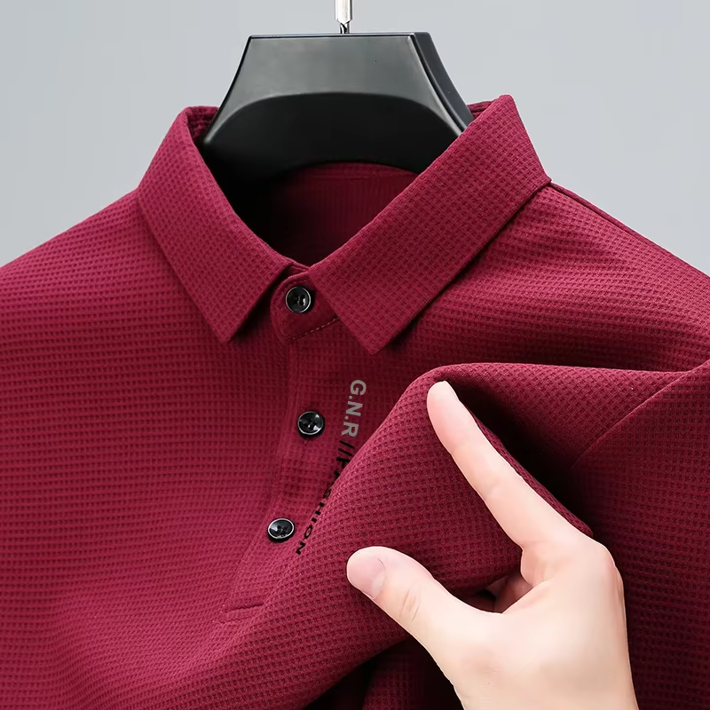POLO gaufré à manches longues pour hommes avec lettre imprimée revers haut décontracté