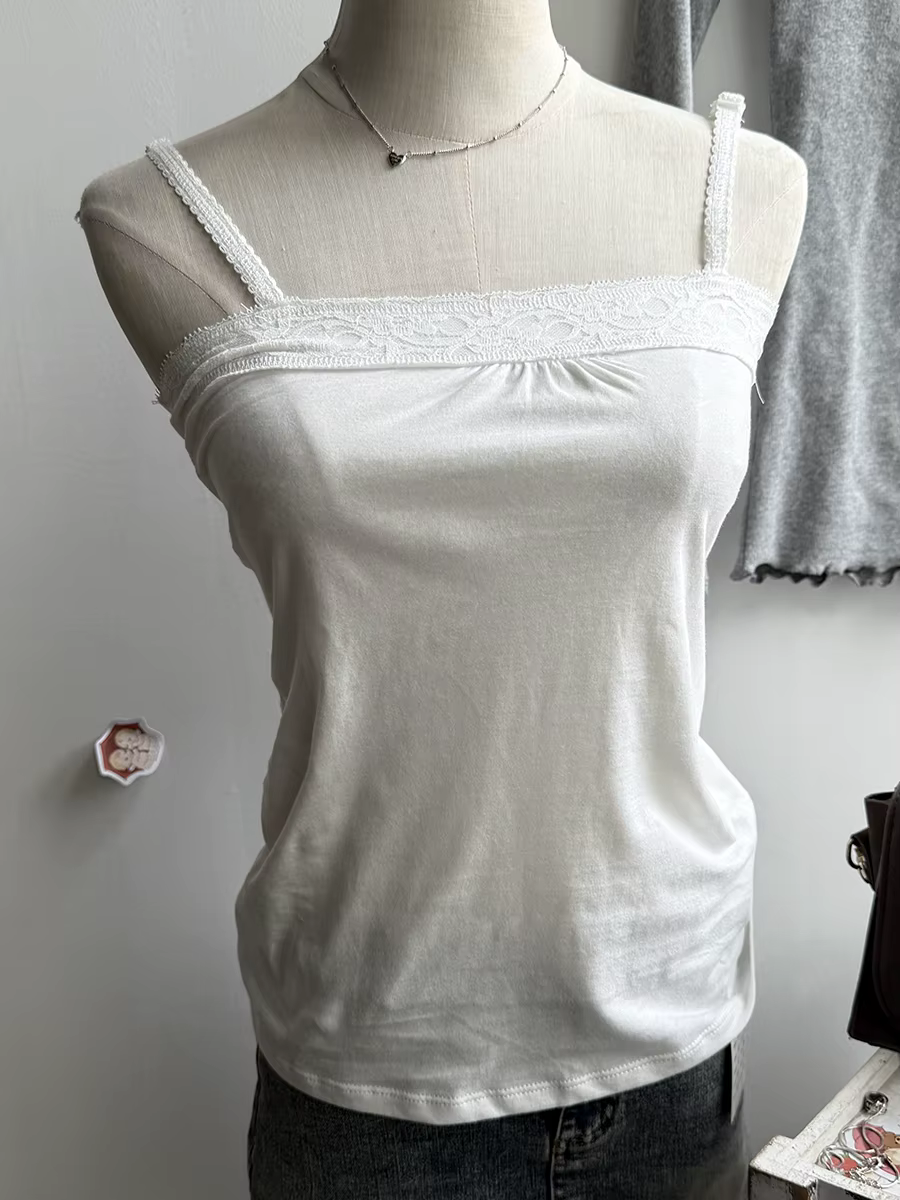 Débardeur sans bretelles en coton pour femmes, garniture en dentelle, doux, Slim, blanc, Sexy, sans 