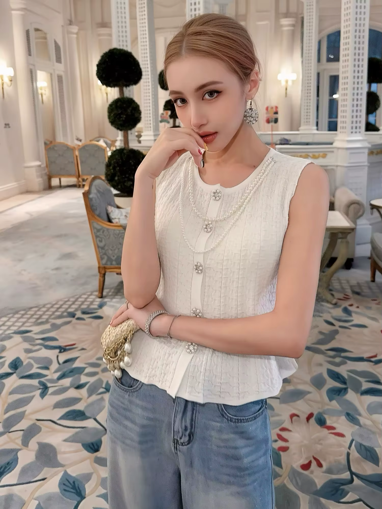 Gilet en tricot style tweed pour femme, haut à volants de luxe avec boutons en strass et perles, car