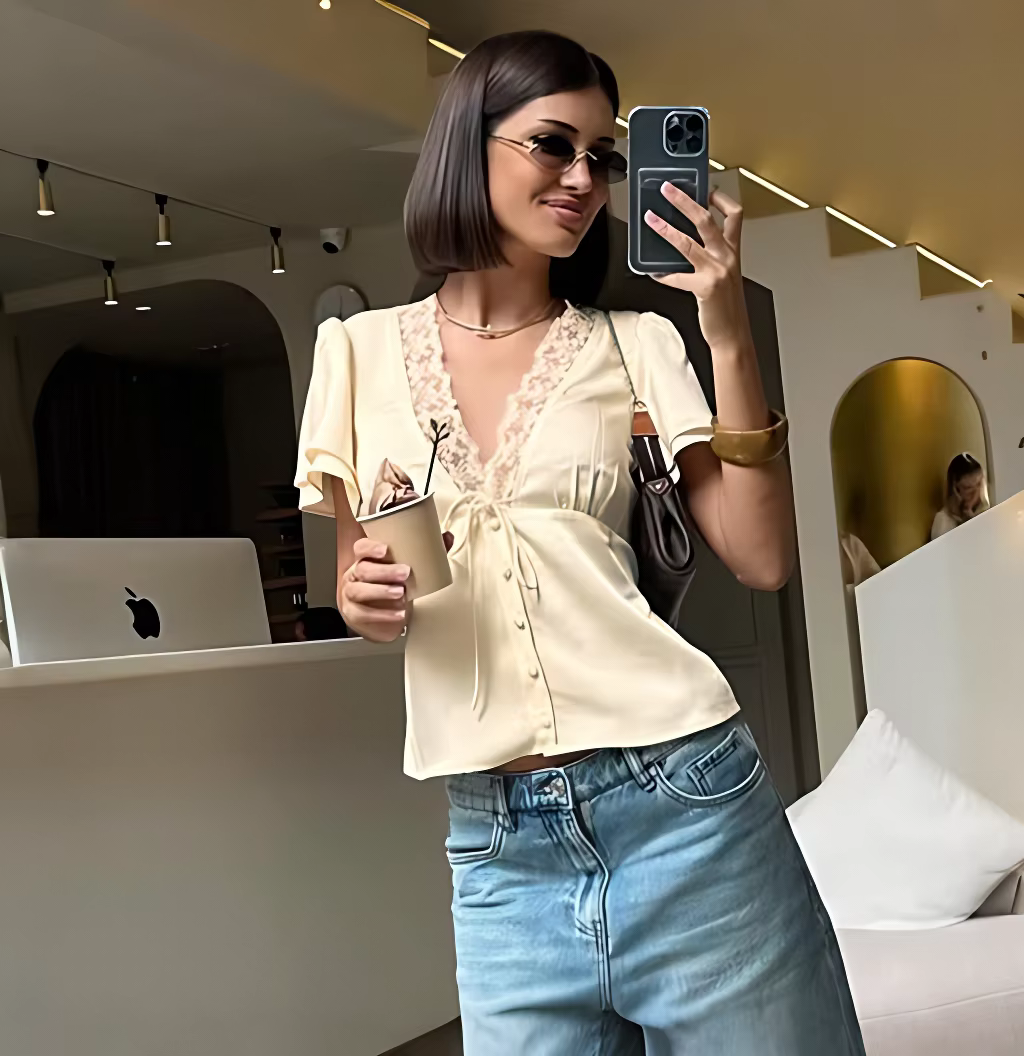 Tuularose élégant dentelle T-Shirt femme Sexy col en v dentelle Patchwork à lacets haut court été mo