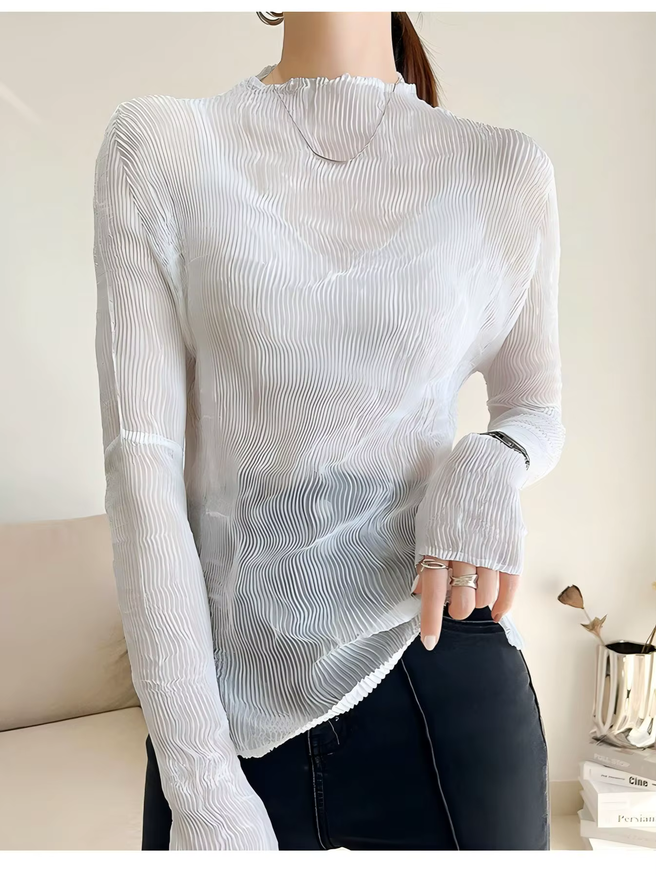 Haut plissé ultra-fin Miyake, haut polyvalent élégant à manches longues pour femme, protection solai