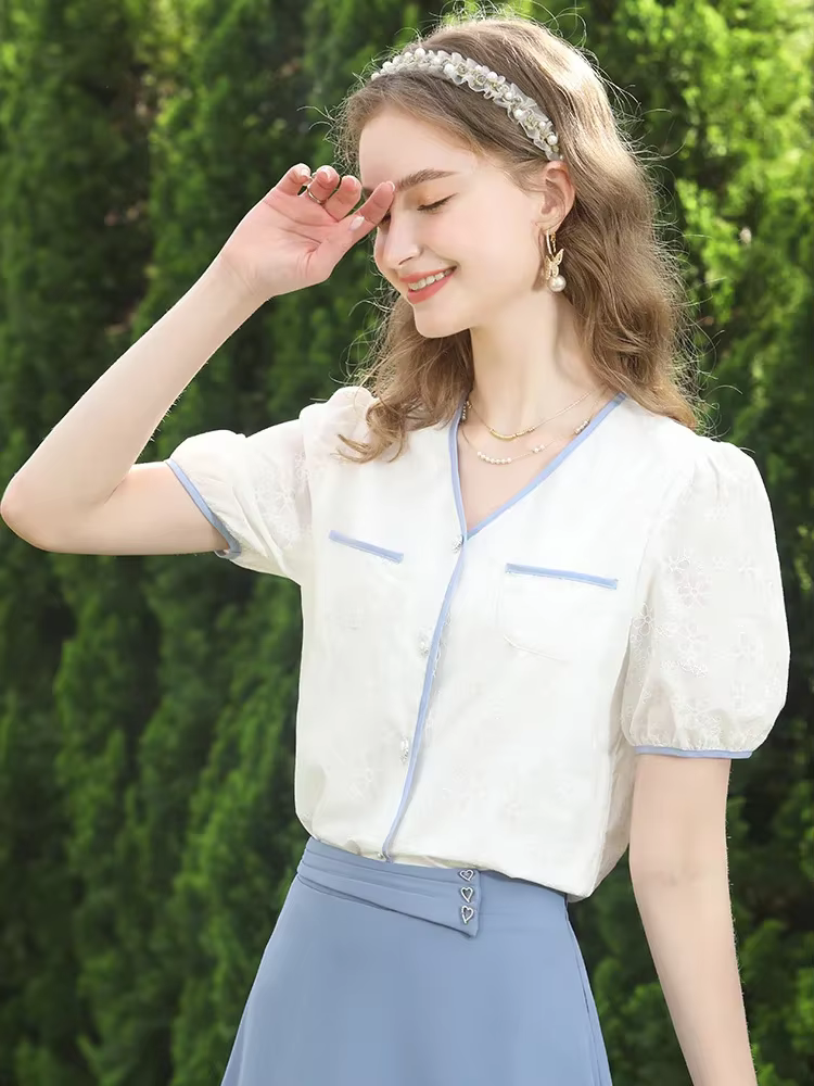 Je crois que vous chemisier blanc français bouffée manches courtes chemises et chemisiers en coton f