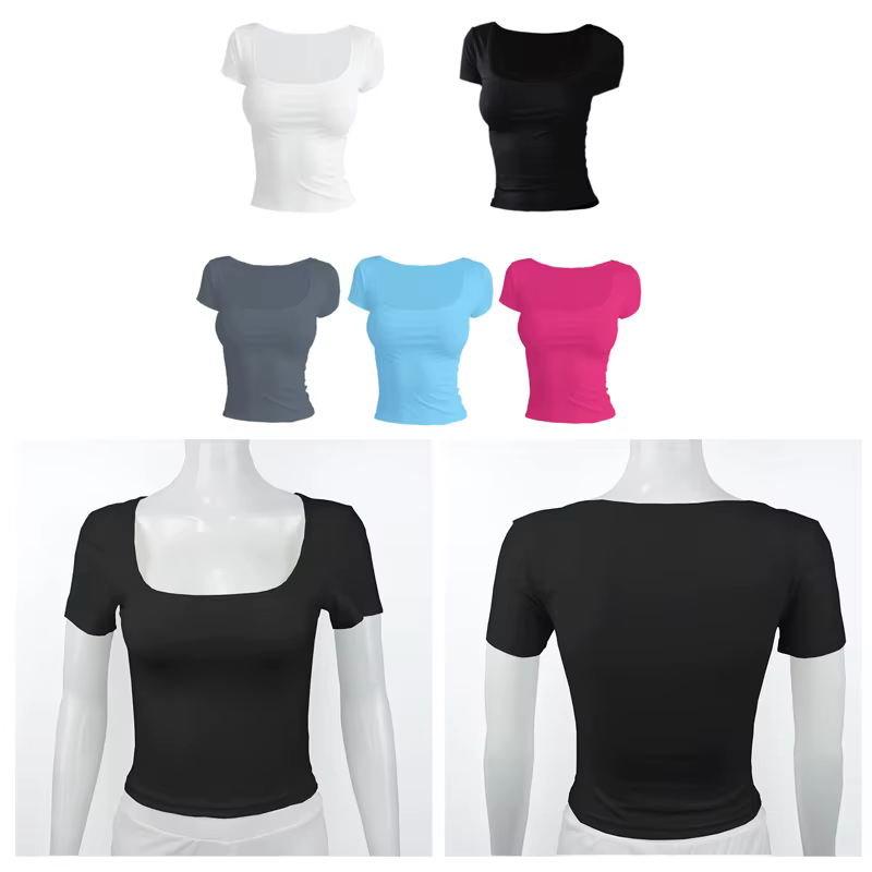 T-shirt à manches courtes pour femmes, couleur unie, col carré élastique, coupe cintrée, Sexy, Y2k,