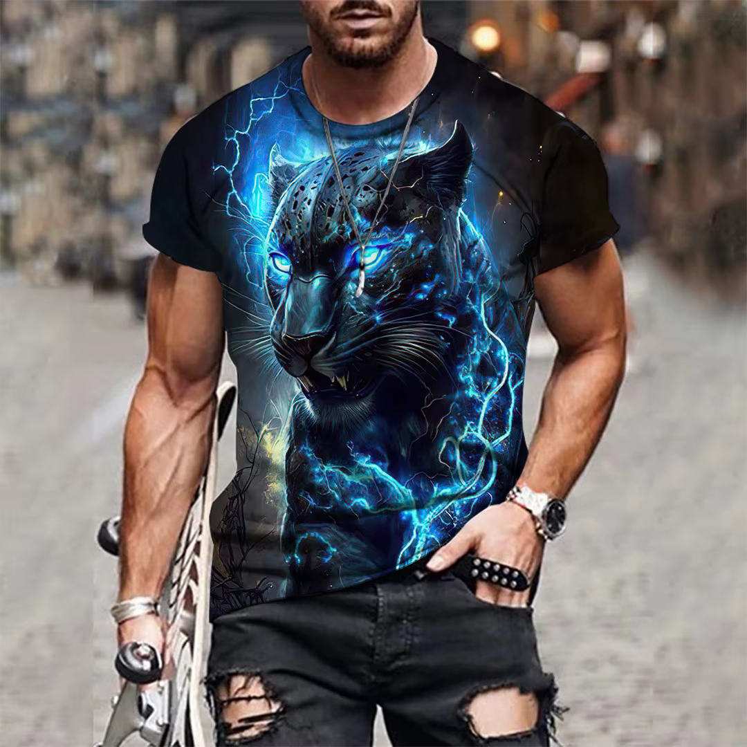 T-shirt à manches courtes et col rond pour hommes, imprimé tigre 3D, respirant, extensible, décontra