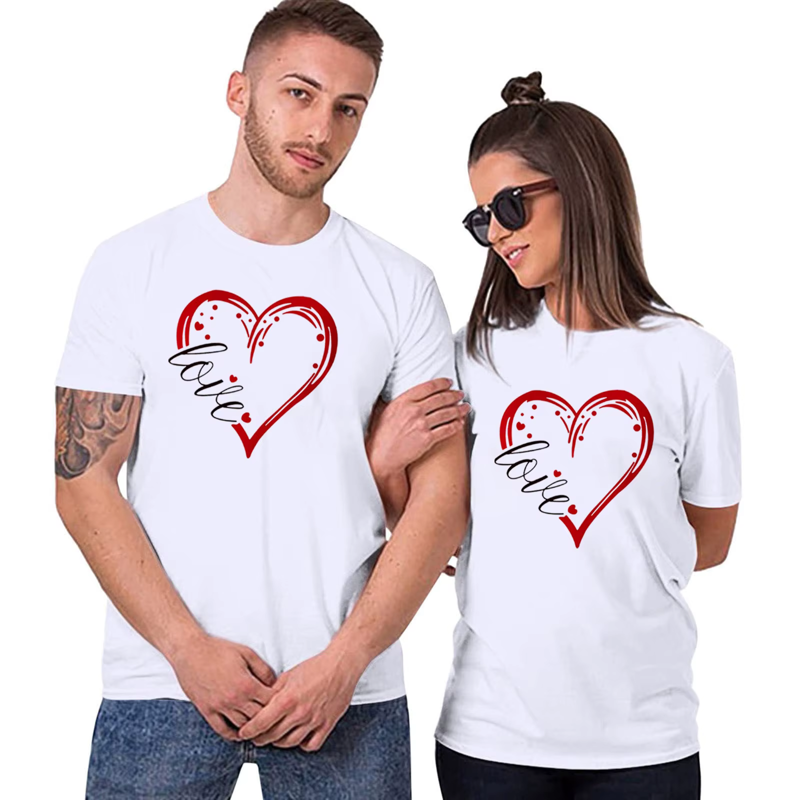 Amour coeur imprimé Couple t-shirt à manches courtes col rond lâche amoureux t-shirt femmes hommes t