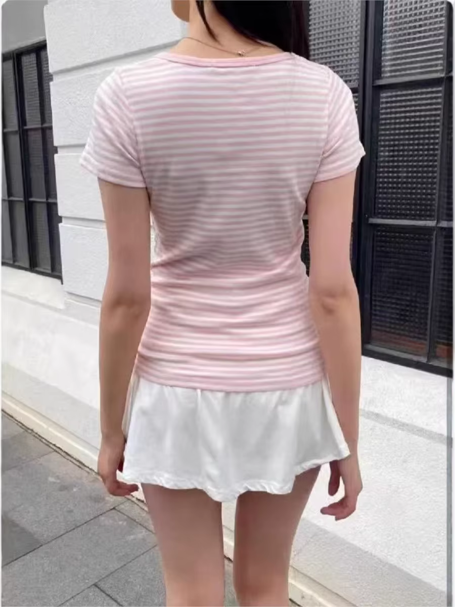 Doux petit rose rayé T-shirts femmes nouveau coton col rond décontracté mince boutons à manches cour