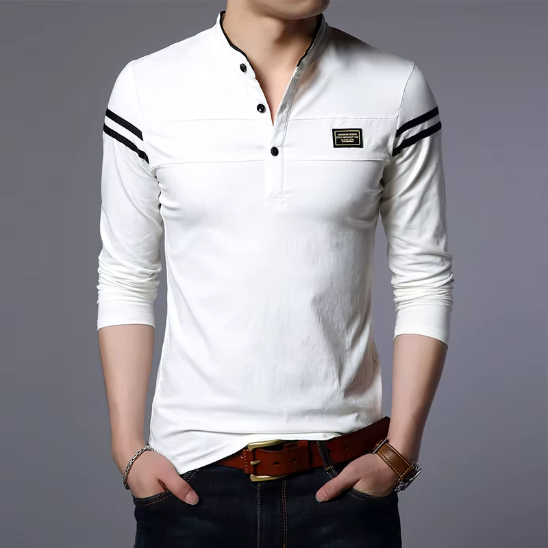 T-shirt POLO à manches longues pour hommes, décontracté, en coton, respirant, col montant, chemise c