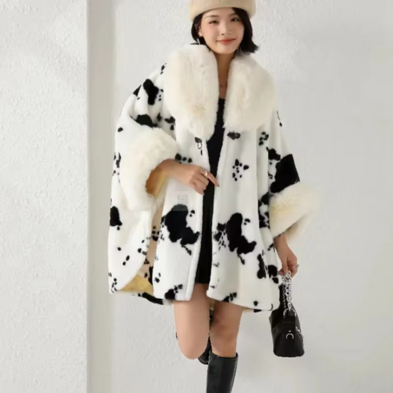 Cardigan en Fausse Fourrure de Lapin pour Femme, Capes Léopard Animal, Manches Chauve-Souris, Mantea