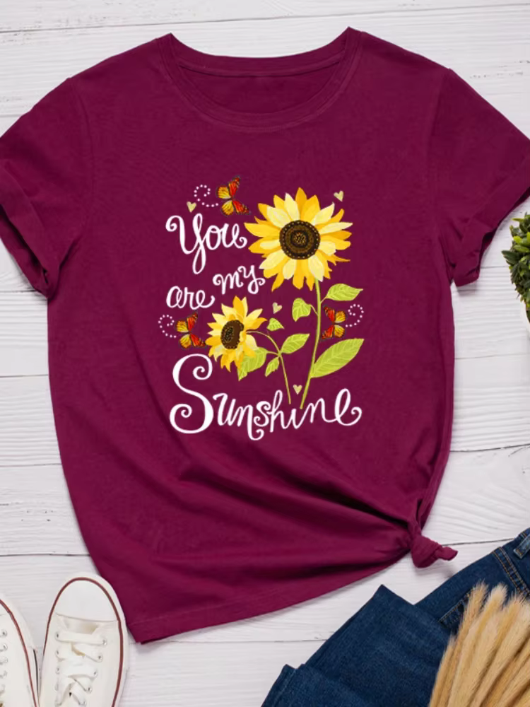 T-shirt manches courtes col rond femme, ample, You Are My Sunshine, imprimé tournesol