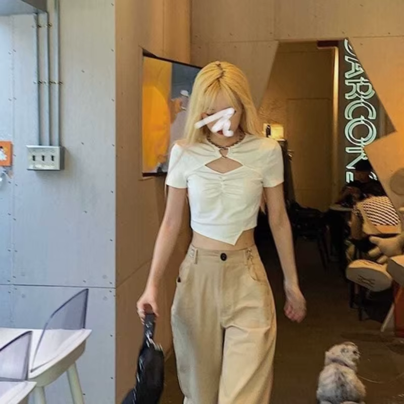 T-shirt à manches courtes pour femmes, haut court au-dessus du nombril, design mince, All-Match, Hig
