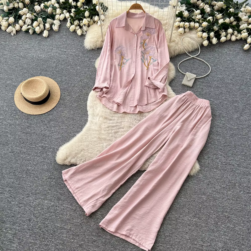 Ensemble pantalon femme deux pièces, chemise à col rabattu et manches longues, pantalon large à tail