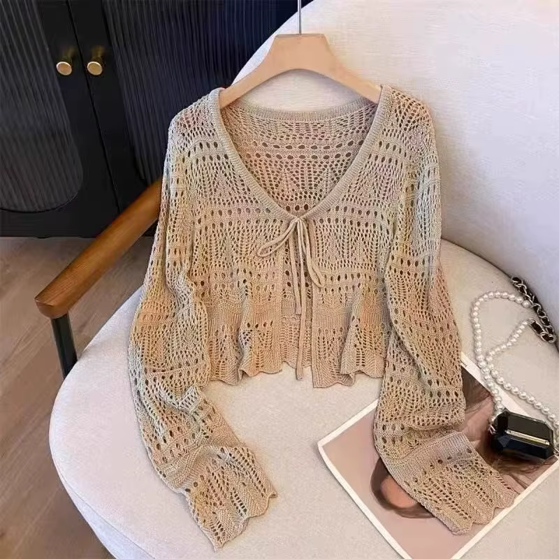 Cardigan en tricot crocheté pour femme, col en V, à nouer devant, manches longues, haut court, pull 