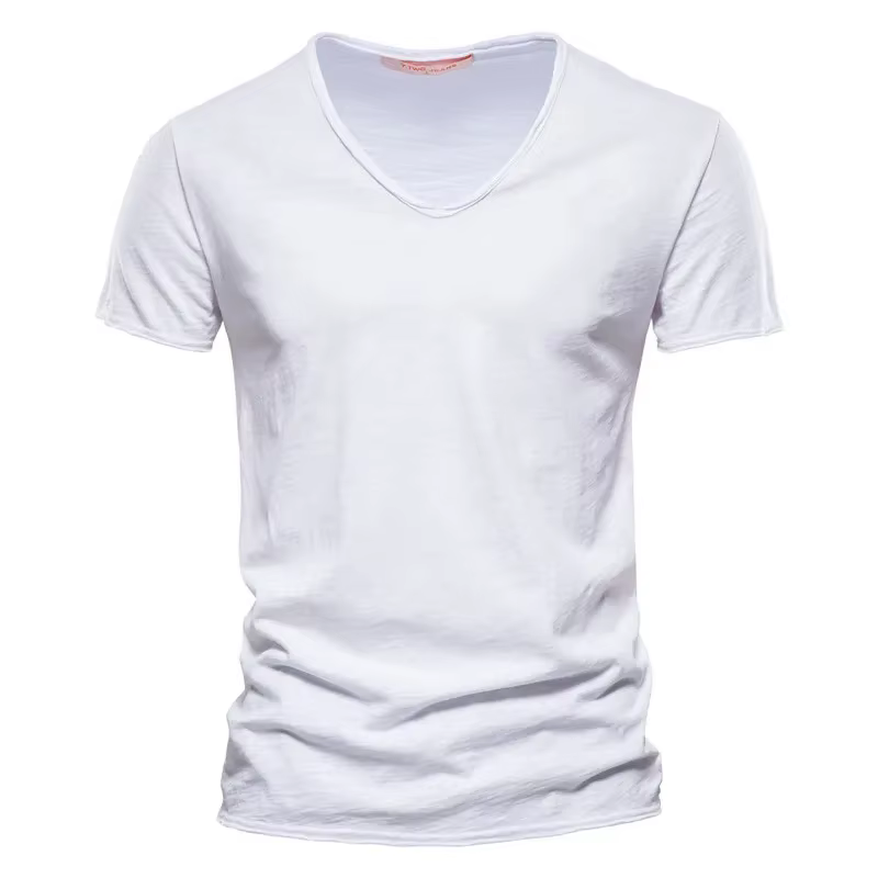 Marque qualité 100% coton hommes T-shirt col en v Design de mode coupe ajustée solide mâle hauts t-s