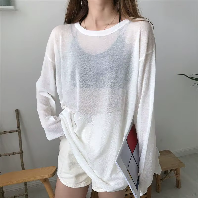 T-shirts transparents pour femmes, été, anti-UV, frais et respirants, à manches longues, couleur uni
