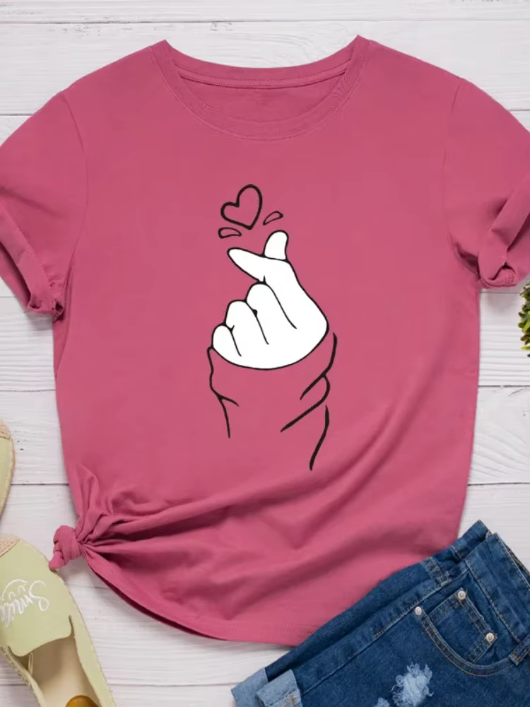 T-shirt manches courtes col rond femme, ample, à la mode, avec doigts et cœur imprimés