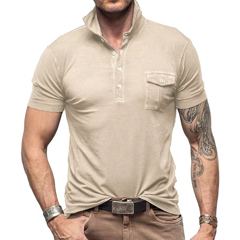 T-shirts bleu marine à manches courtes pour hommes avec poche poitrine, polo décontracté et élégant,