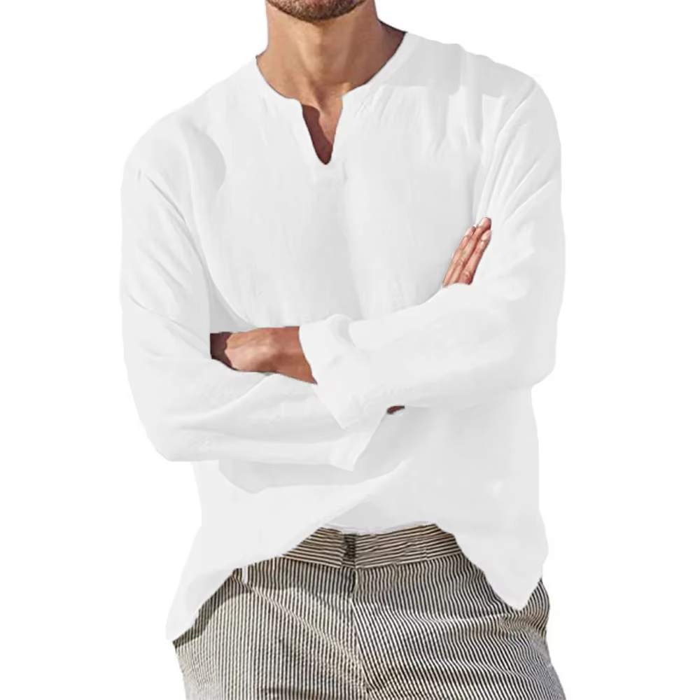 Chemise en coton et lin pour hommes, couleur unie, confortable, manches longues, dessus respirant, c