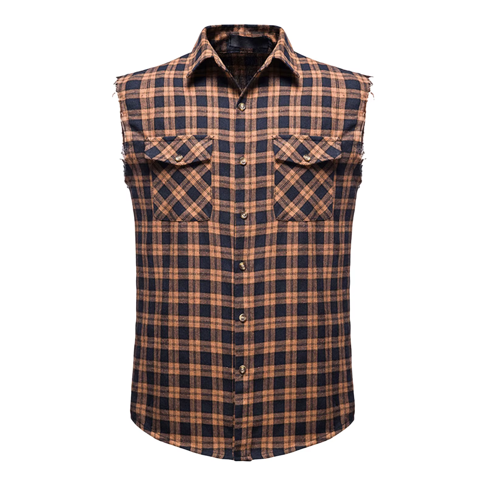 Chemise décontractée sans manches pour hommes – Chemise élégante à carreaux boutonnée, t-shirt en so