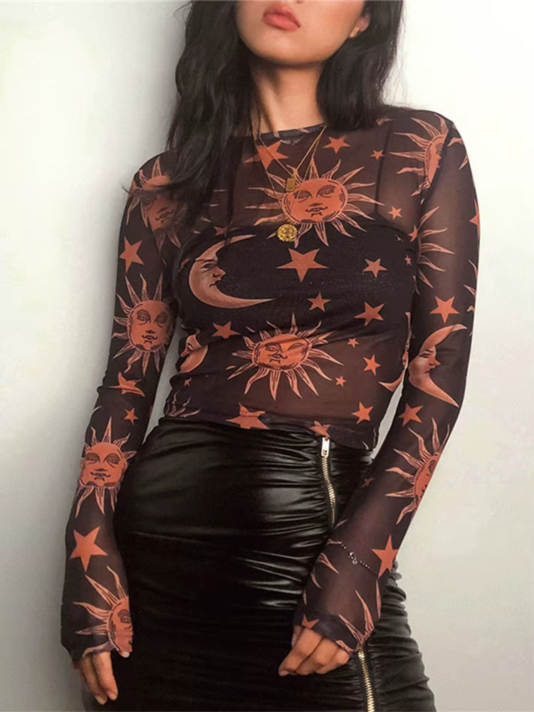 T-Shirt manches longues col rond femme, estival et Sexy, en maille transparente, imprimé soleil et l