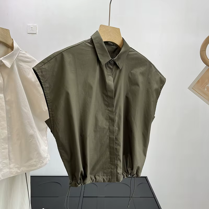 Chemise sans manches ample pour femme, col polo à cordon, style minimaliste, mode décontractée, tiss