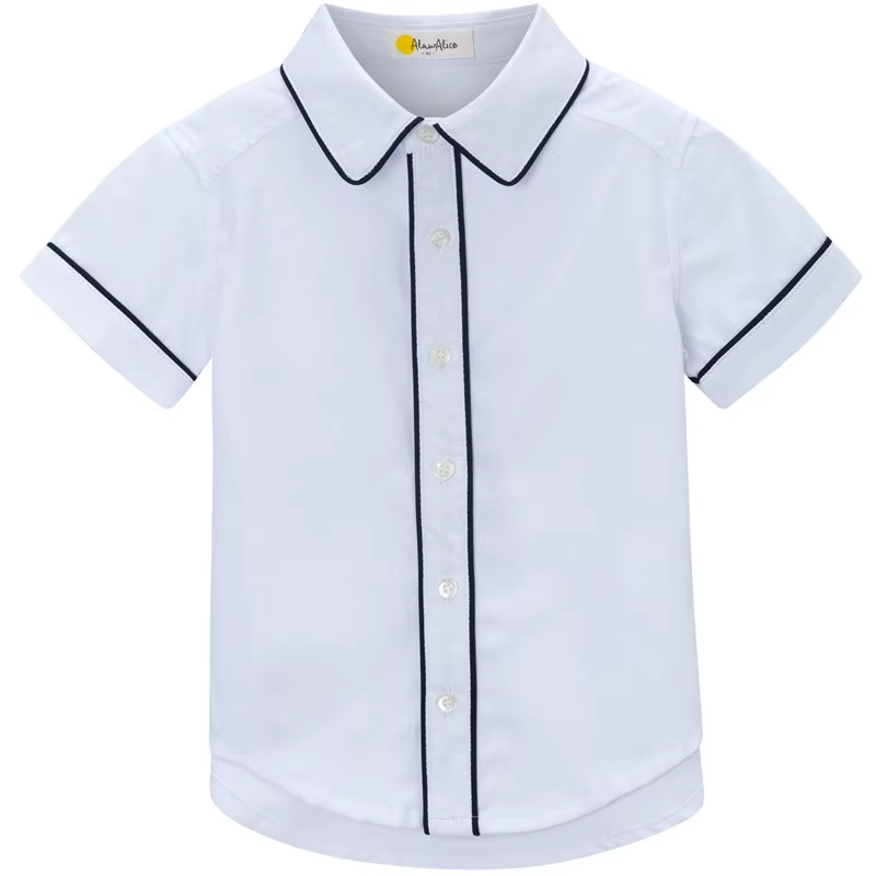 Chemise Blanche à Manches Courtes pour Garçons avec Col à Revers et Passepoil Bleu Marine, Chemises 