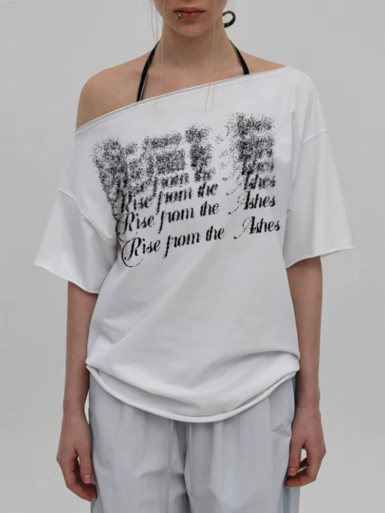 Col incliné surdimensionné t-shirts pour femmes Streetwear lettres imprimées Y2k haut Camisetas à ma
