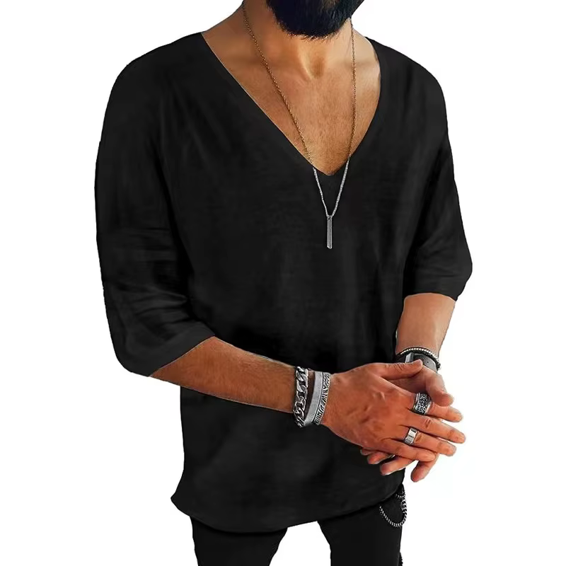 T-shirt en coton et lin pour hommes, manches mi-longues, hip-hélicoptère, décontracté, plage, vintag