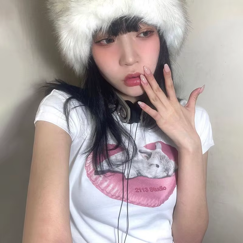 Karr233-T-shirt à manches courtes avec lapin imprimé, streetwear doux, à la mode coréenne, kpop kawa
