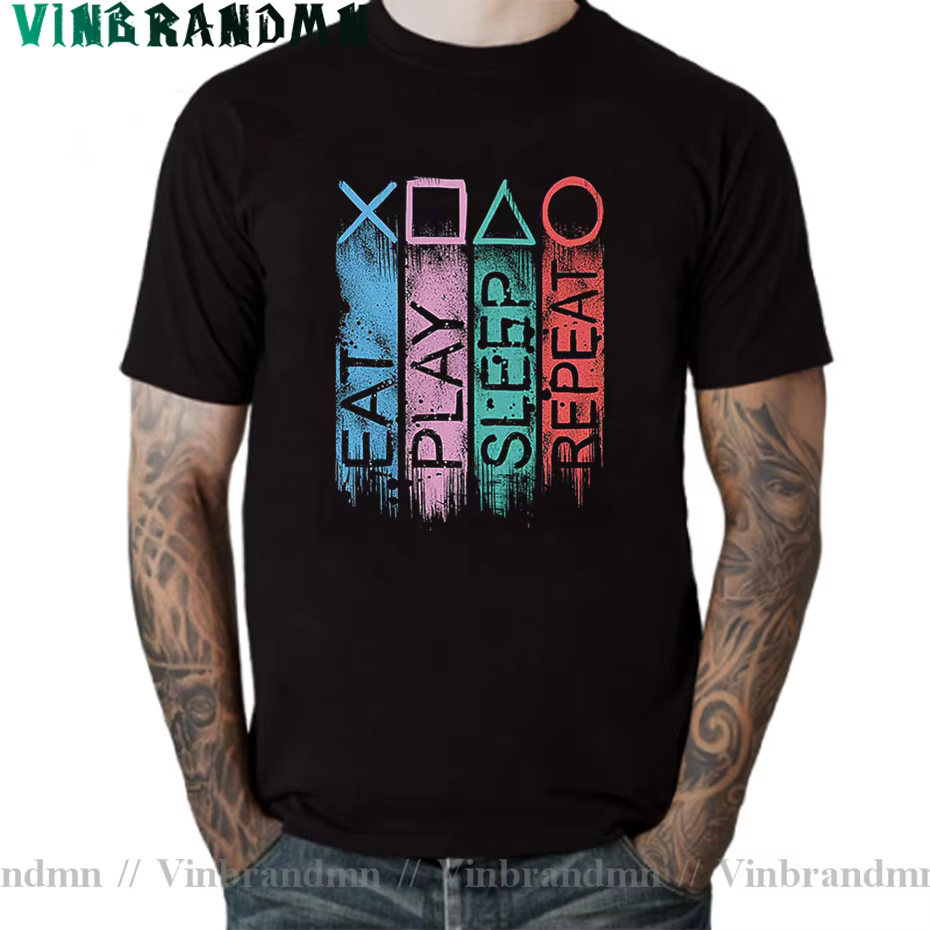 Gamer t-shirt Vintage jouer manger sommeil répéter t-shirt drôle PS4 PS5 jeu vidéo chemise pour homm