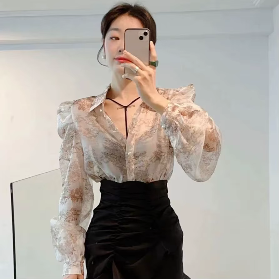 2023 Blusas Mujer De Moda Blouses douces florales pour les femmes manches bouffantes amples col raba