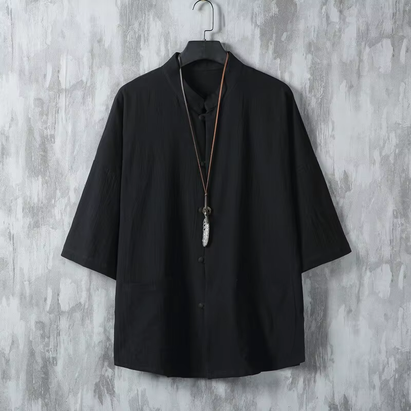 Chemise à col mandarin unie légère pour homme, manches courtes, style Kung Fu, haut décontracté avec