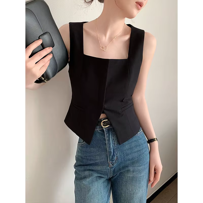 Gilet sans manches à col carré noir pour femmes, haut tendance, nouveau Design, Niche, fente creuse,