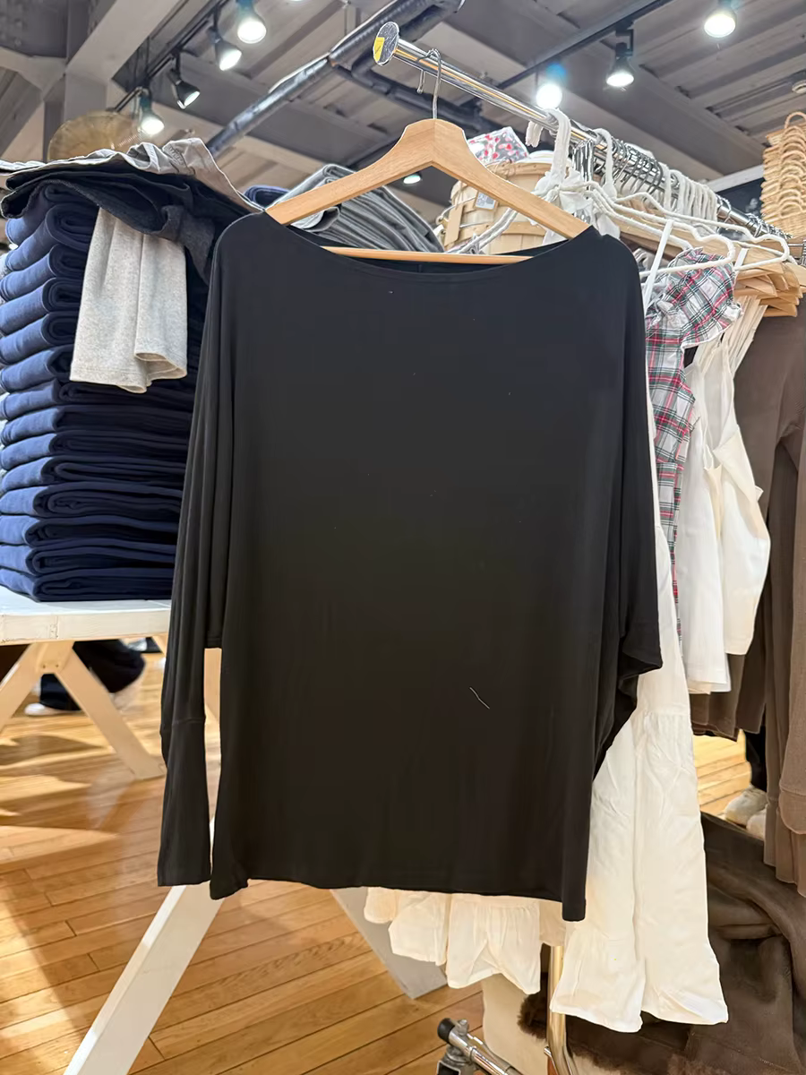T-shirts noirs à manches longues chauve-souris pour femmes, élégants, doux, col bateau, en coton, st